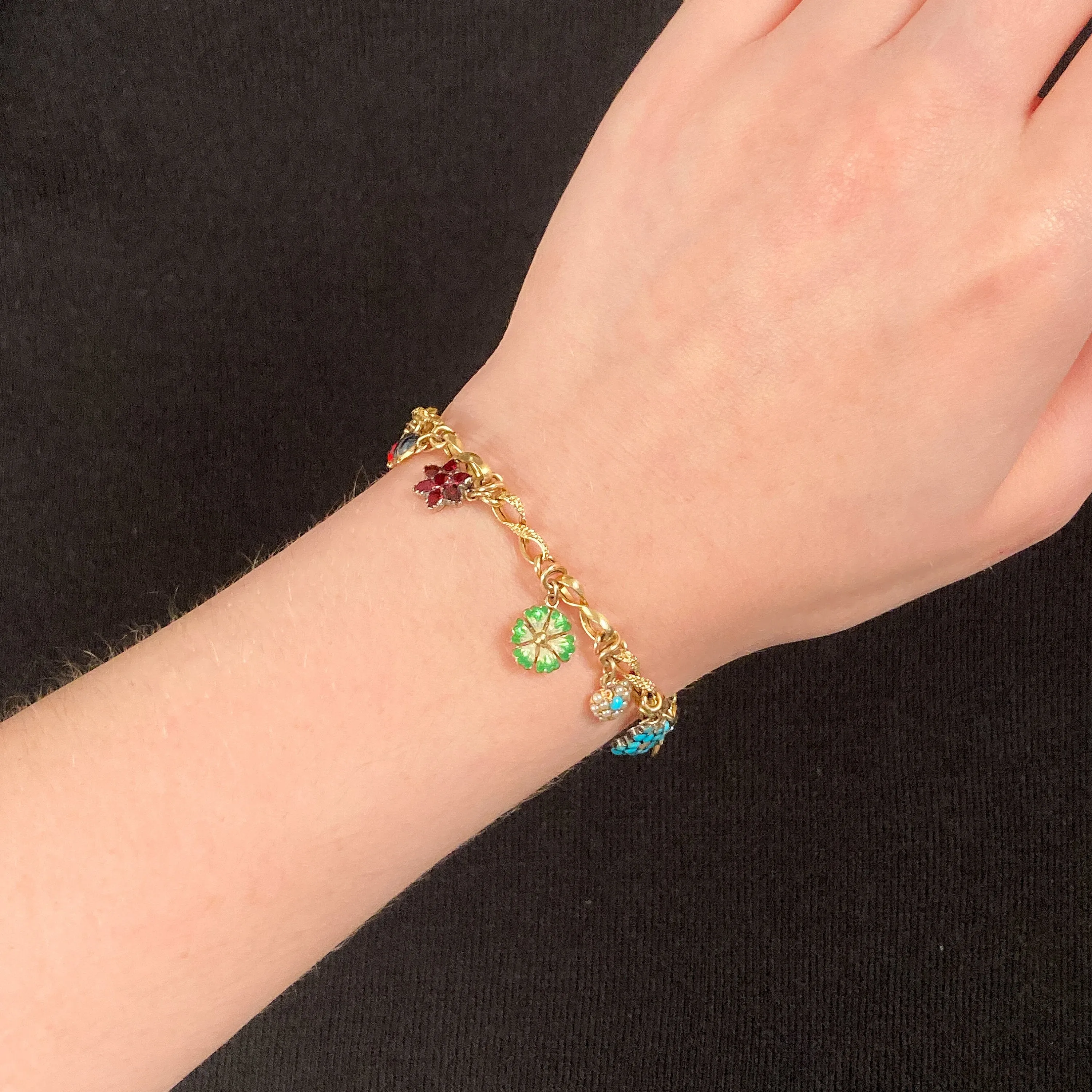 10k Gold Charm Bracelet with 10 Gemstone and Enamel Charms