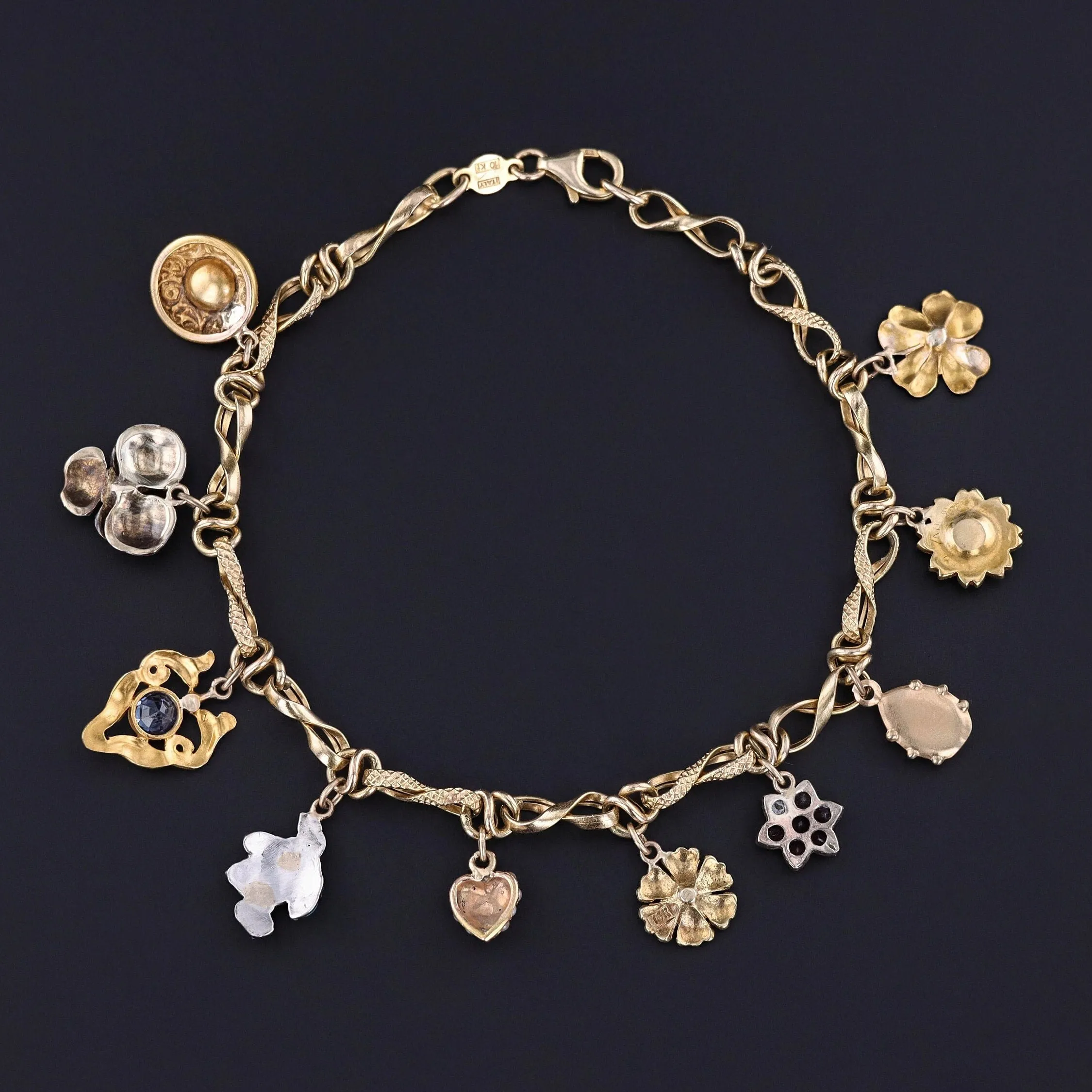 10k Gold Charm Bracelet with 10 Gemstone and Enamel Charms
