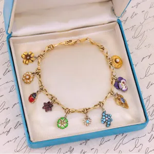 10k Gold Charm Bracelet with 10 Gemstone and Enamel Charms