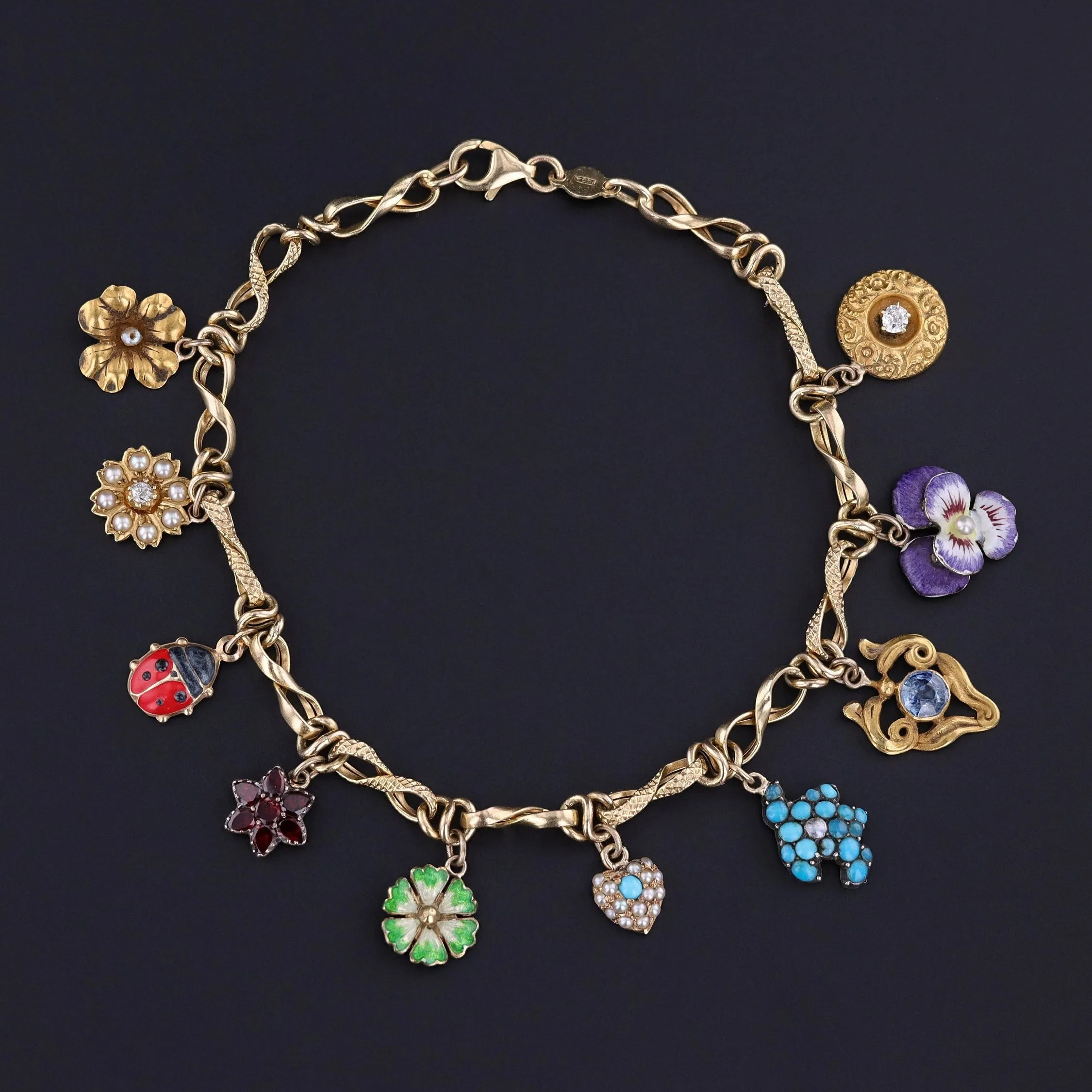 10k Gold Charm Bracelet with 10 Gemstone and Enamel Charms