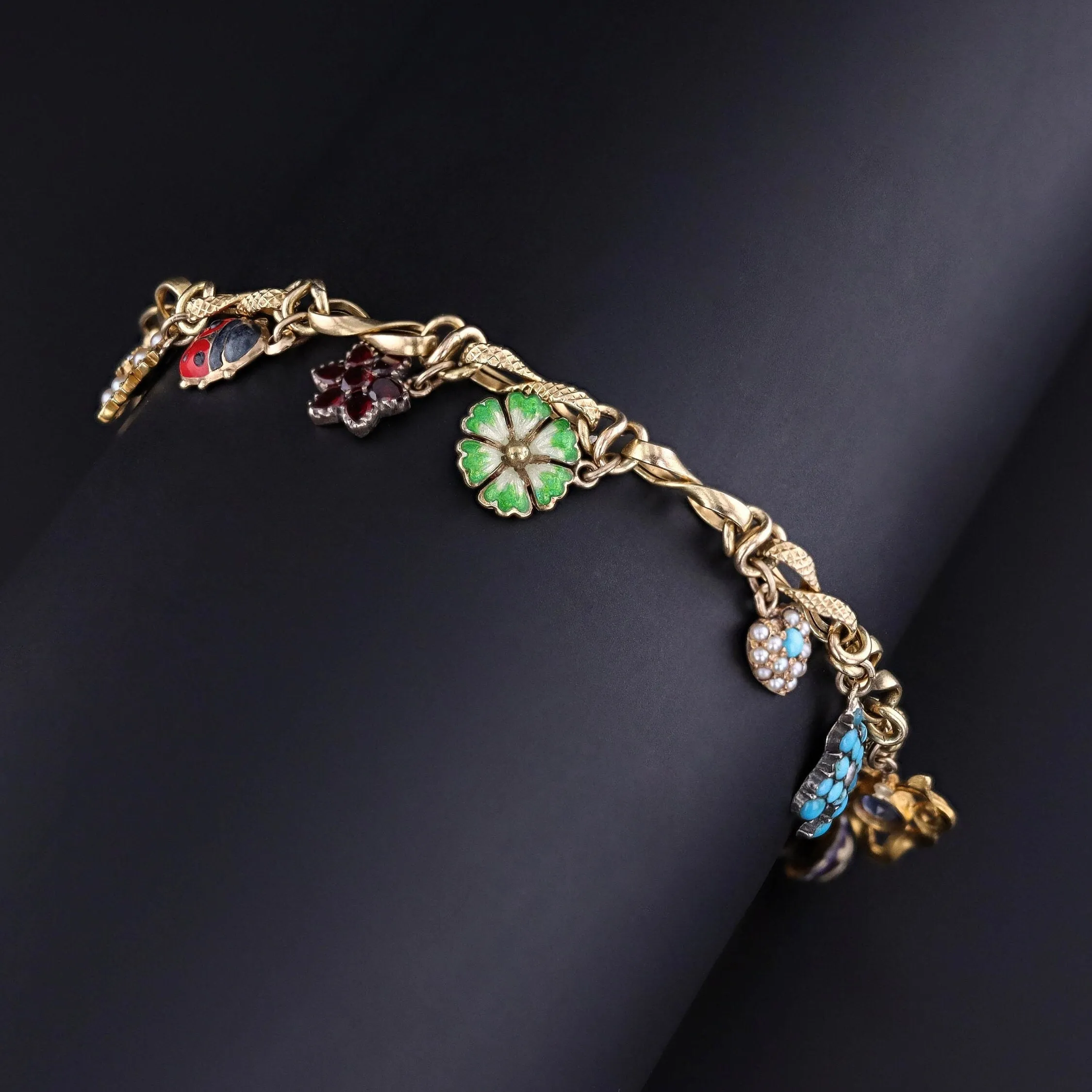 10k Gold Charm Bracelet with 10 Gemstone and Enamel Charms