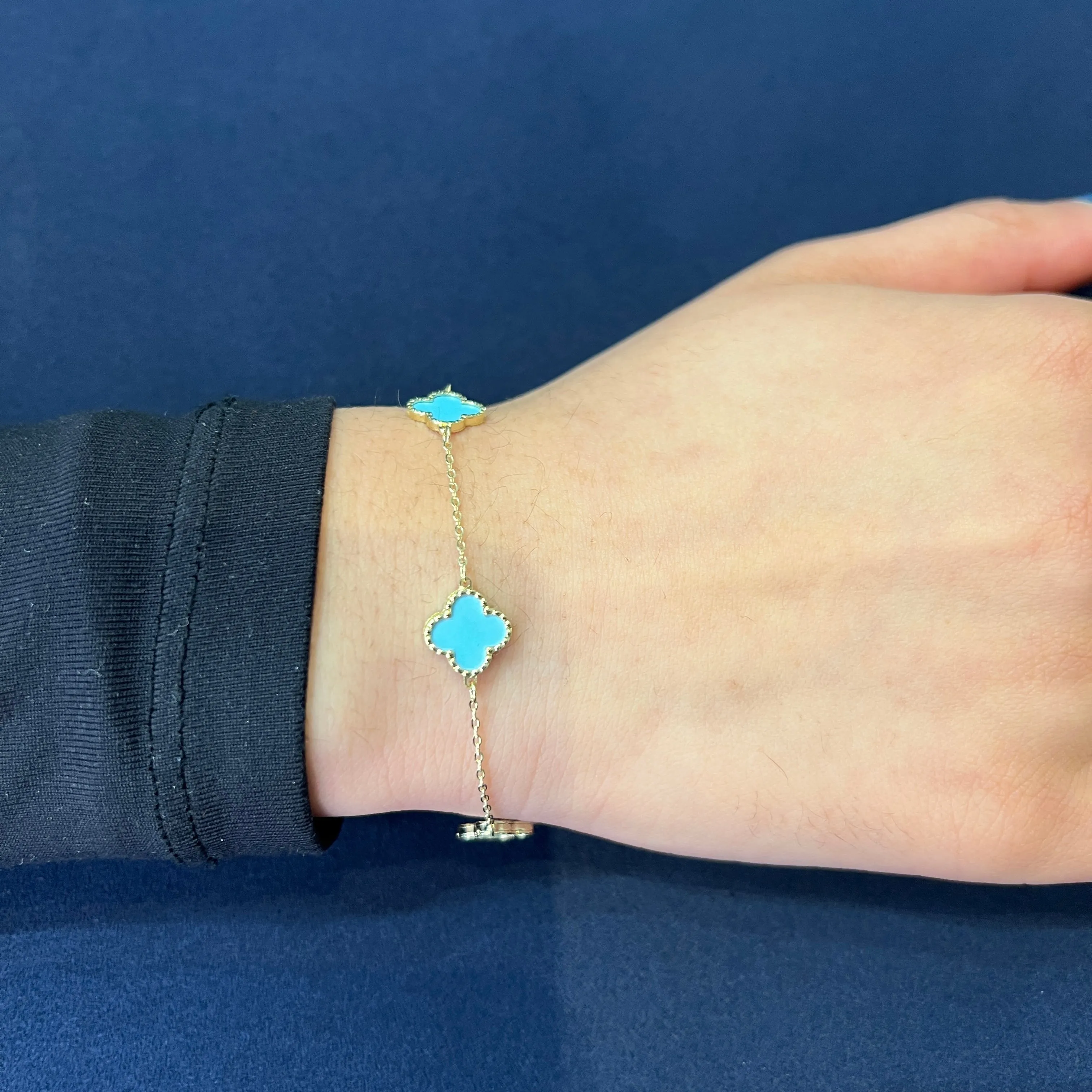 10K Yellow Gold (10mm) Designer Style Clover Beaded Edge Turquoise Bracelet