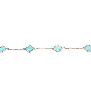 10K Yellow Gold (10mm) Designer Style Clover Beaded Edge Turquoise Bracelet
