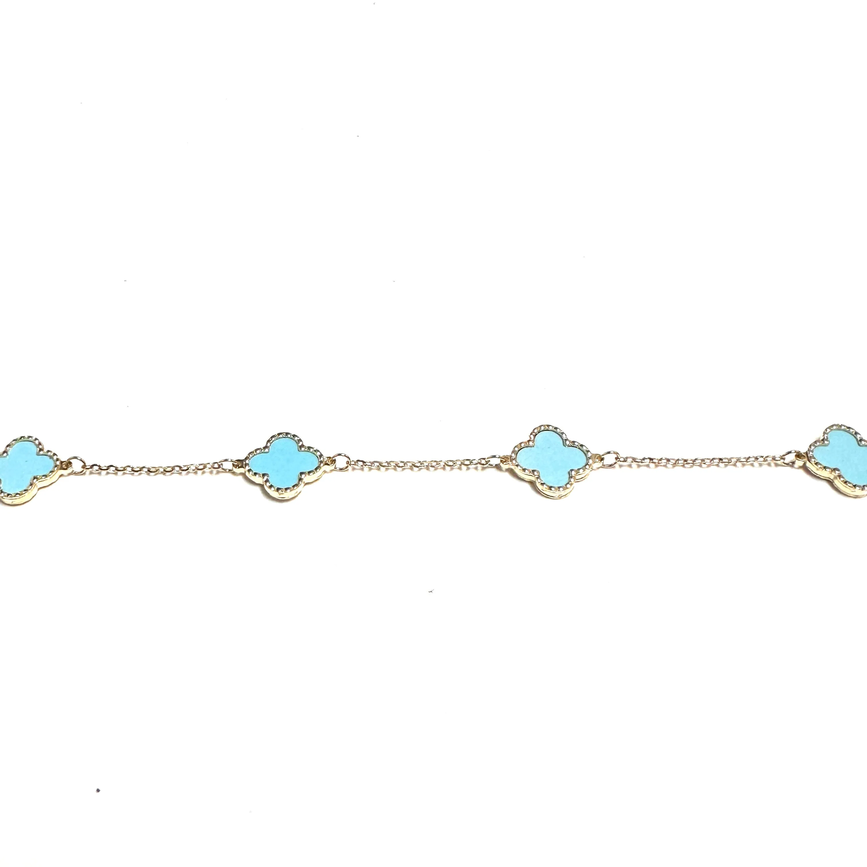10K Yellow Gold (10mm) Designer Style Clover Beaded Edge Turquoise Bracelet