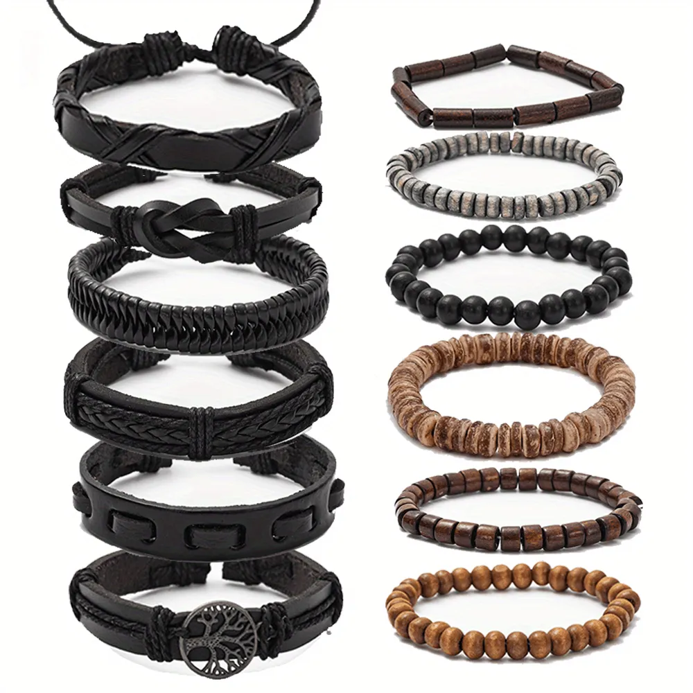 12pcs Men's PU Leather Bracelet Set Gift For Boyfriend