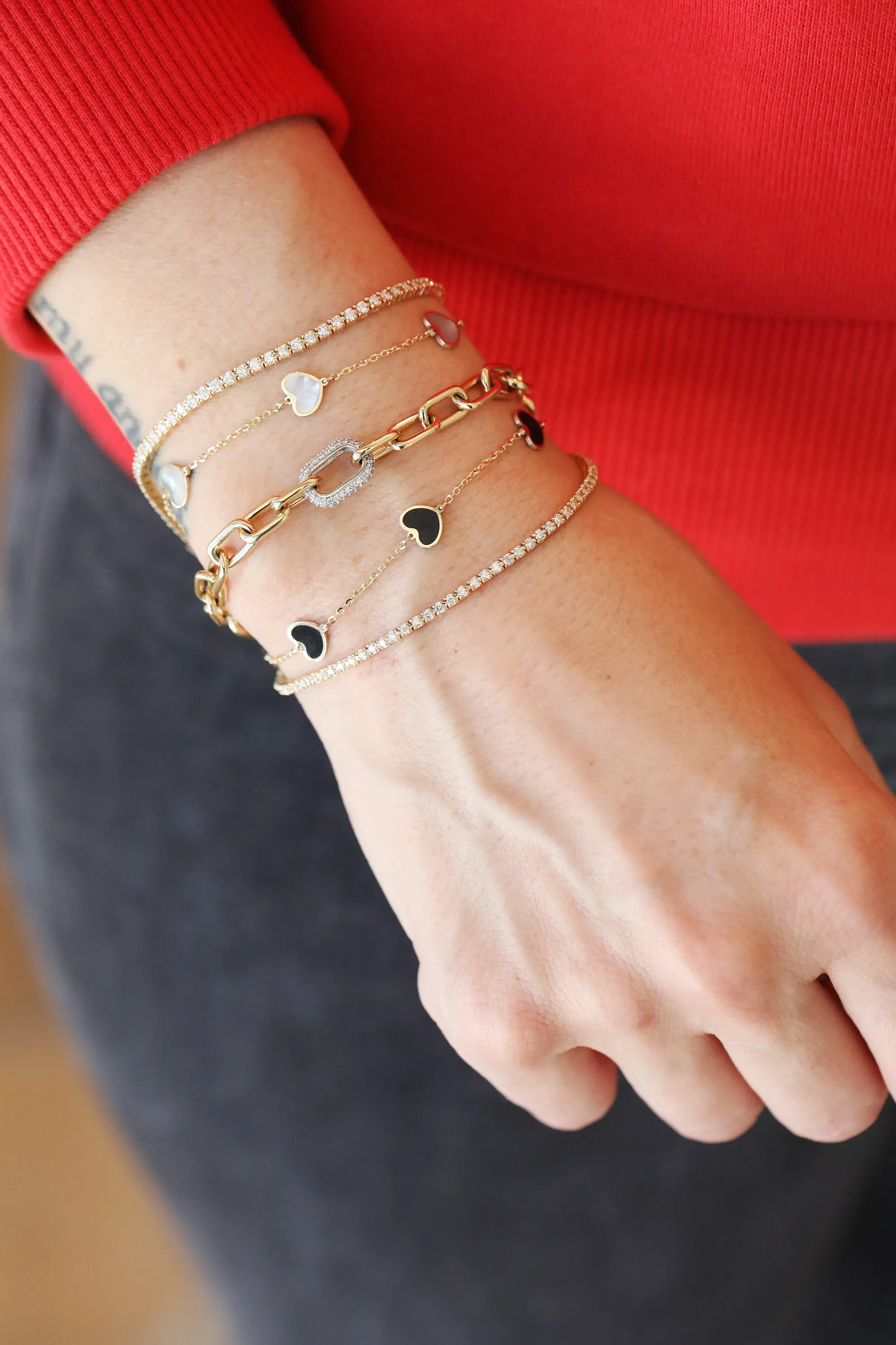 14K Gold Mother of Pearl Inlay Heart Station Bracelet