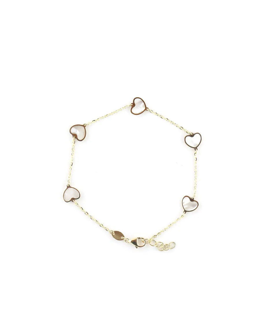 14K Gold Mother of Pearl Inlay Heart Station Bracelet