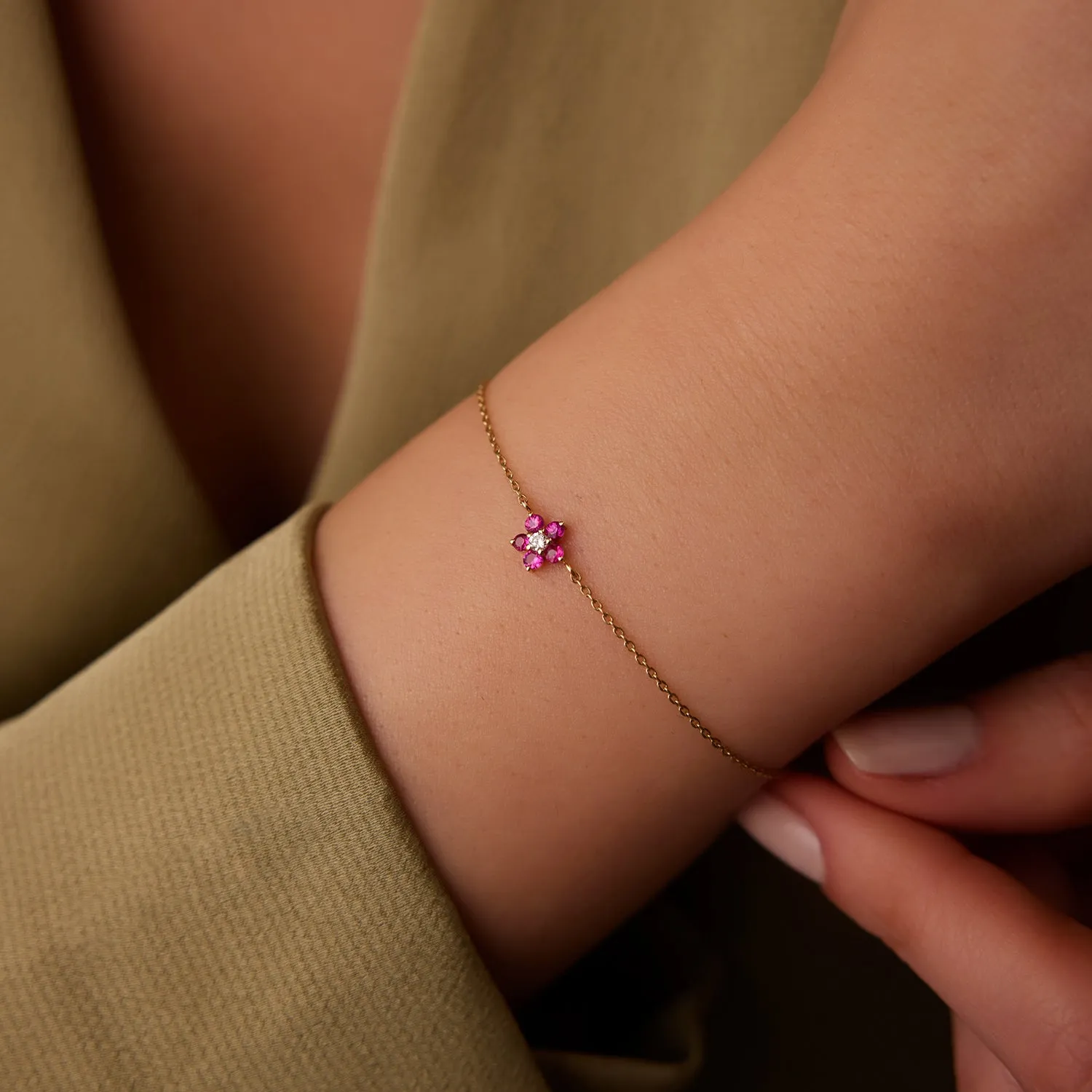 14K Ruby and Diamond Flower Charm Bracelet
