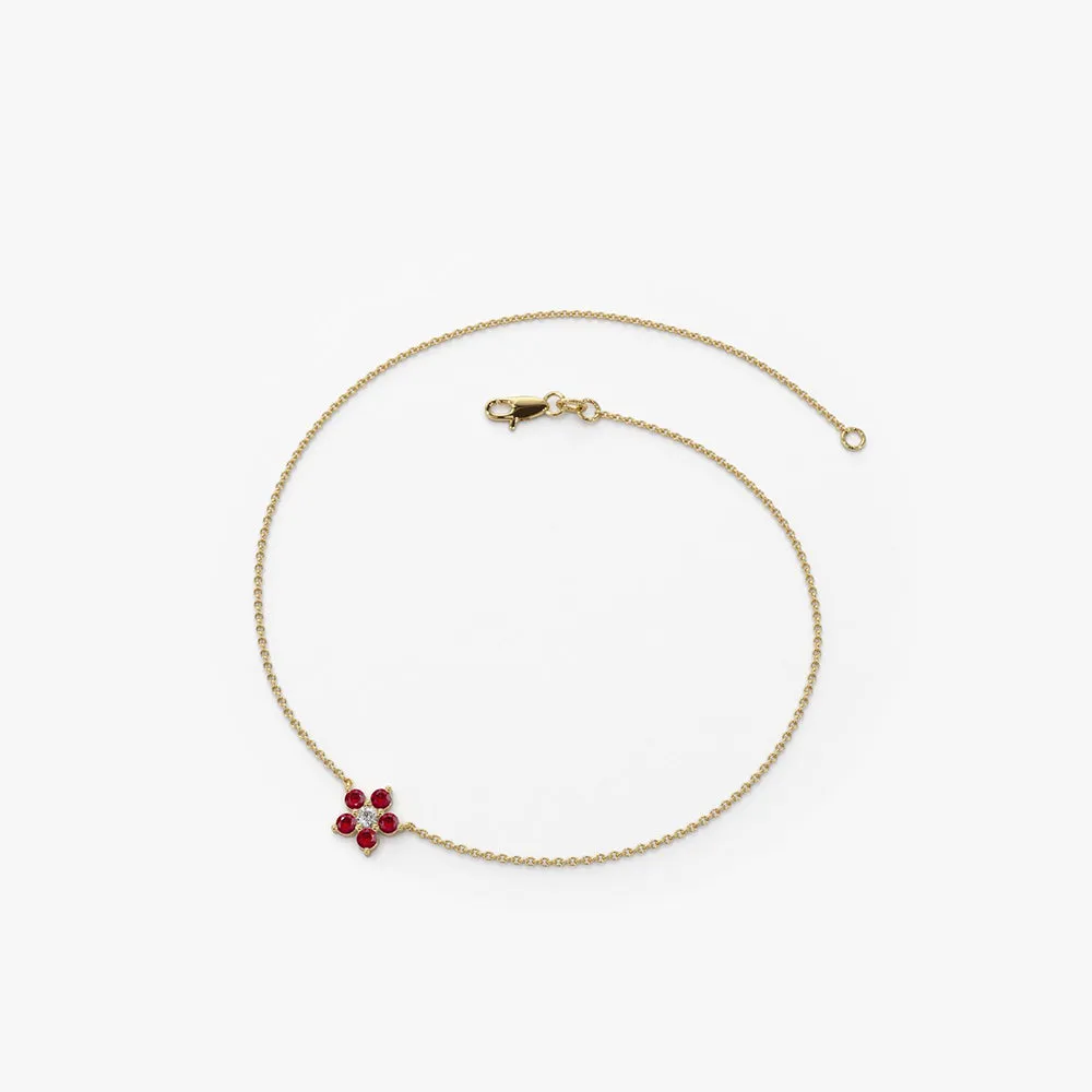 14K Ruby and Diamond Flower Charm Bracelet