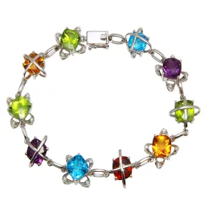 14k White Gold Square & Round Multi Color Natural Diamond & Gemstone Bracelet 7"