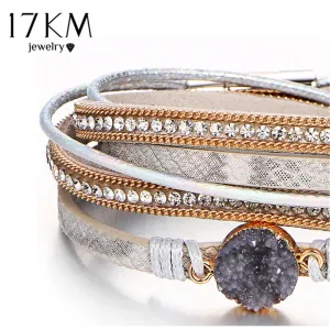 17KM Vintage Stone Crystal Charm Bracelets & Bangle For Woman Men Fashion Female Handmade Multilayer Leather Druzy Bracelet