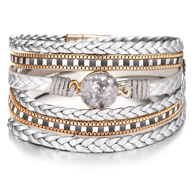 17KM Vintage Stone Crystal Charm Bracelets & Bangle For Woman Men Fashion Female Handmade Multilayer Leather Druzy Bracelet