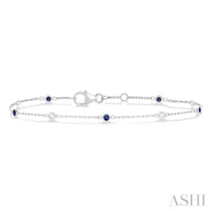 1.8 MM Sapphire and 1/10 ctw Bezel Set Round Cut Diamond Precious Gemstone Station Bracelet in 14K White Gold