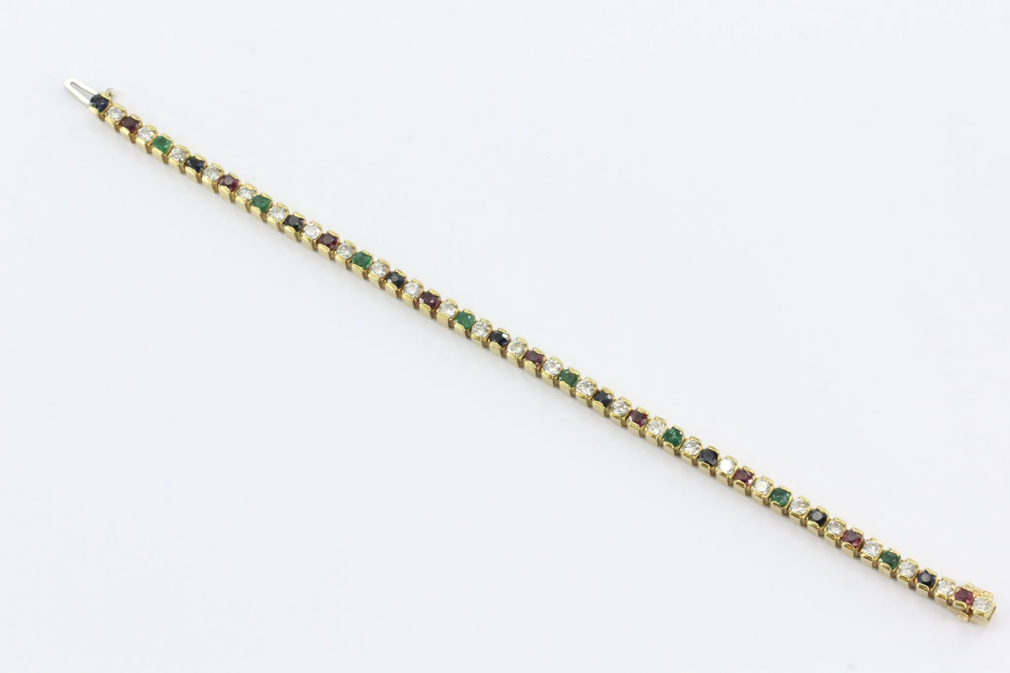 18K Gold Diamond, Ruby, Emerald & Sapphire Tennis Bracelet 6.5 TCW