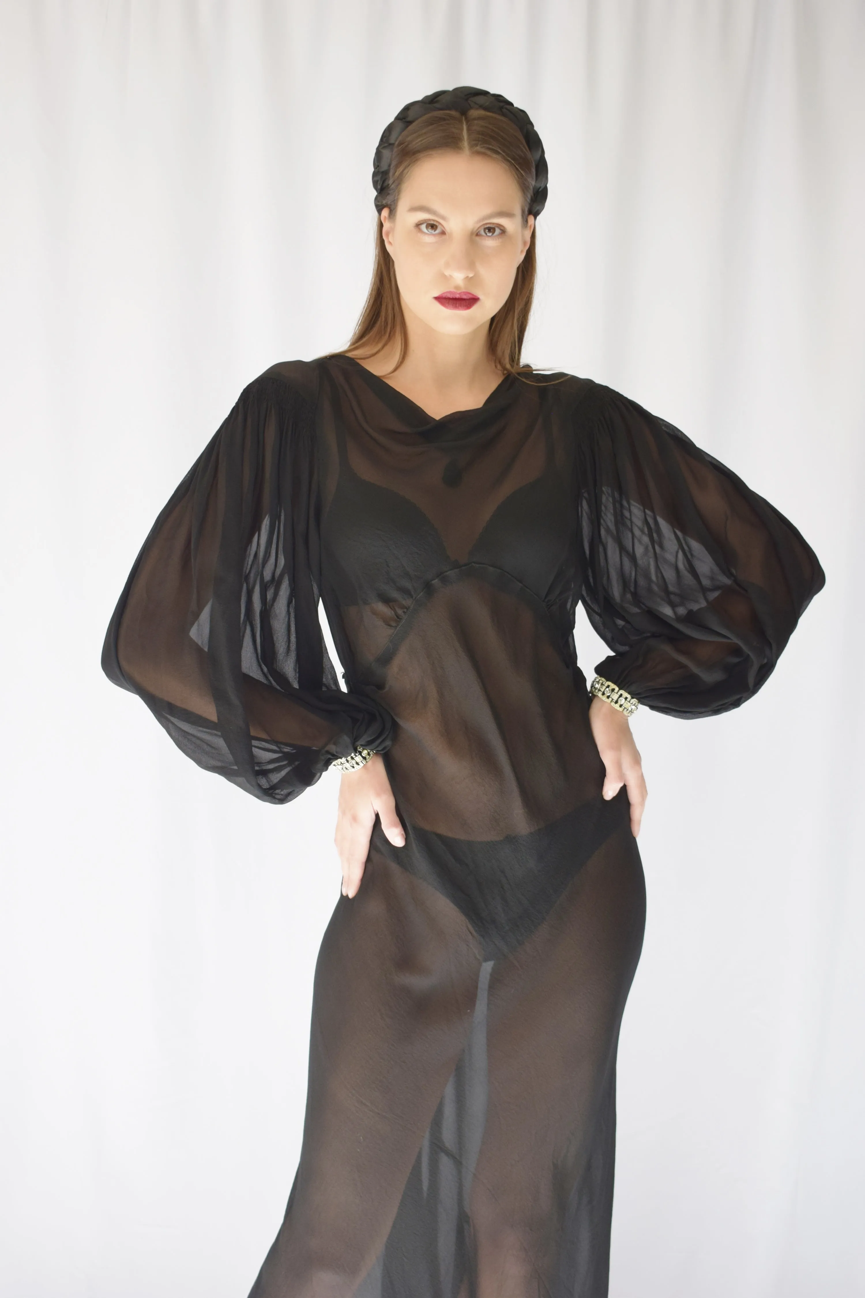 1930s Sheer Silk Gown with Balloon Sleeves | S/M