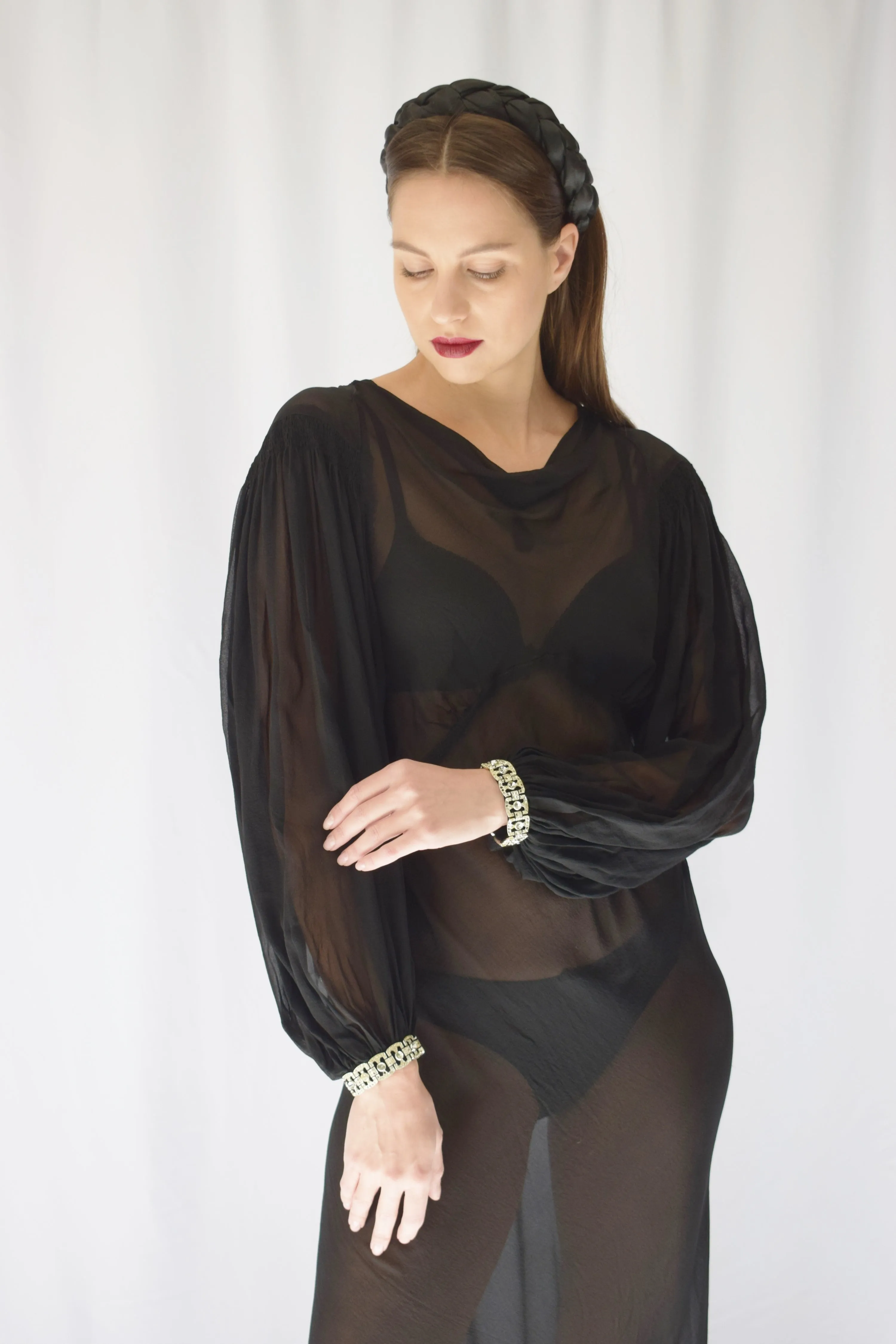1930s Sheer Silk Gown with Balloon Sleeves | S/M