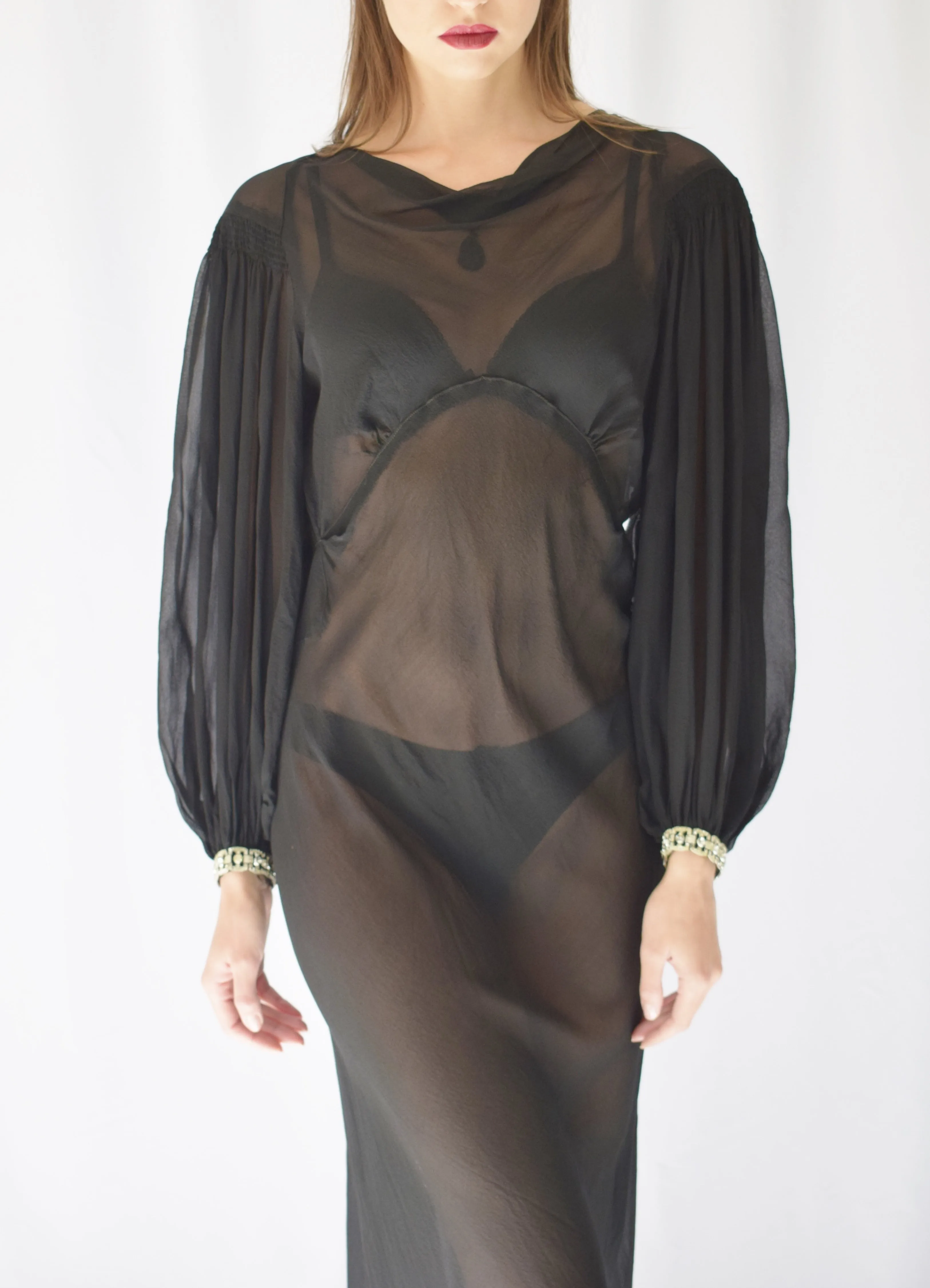 1930s Sheer Silk Gown with Balloon Sleeves | S/M