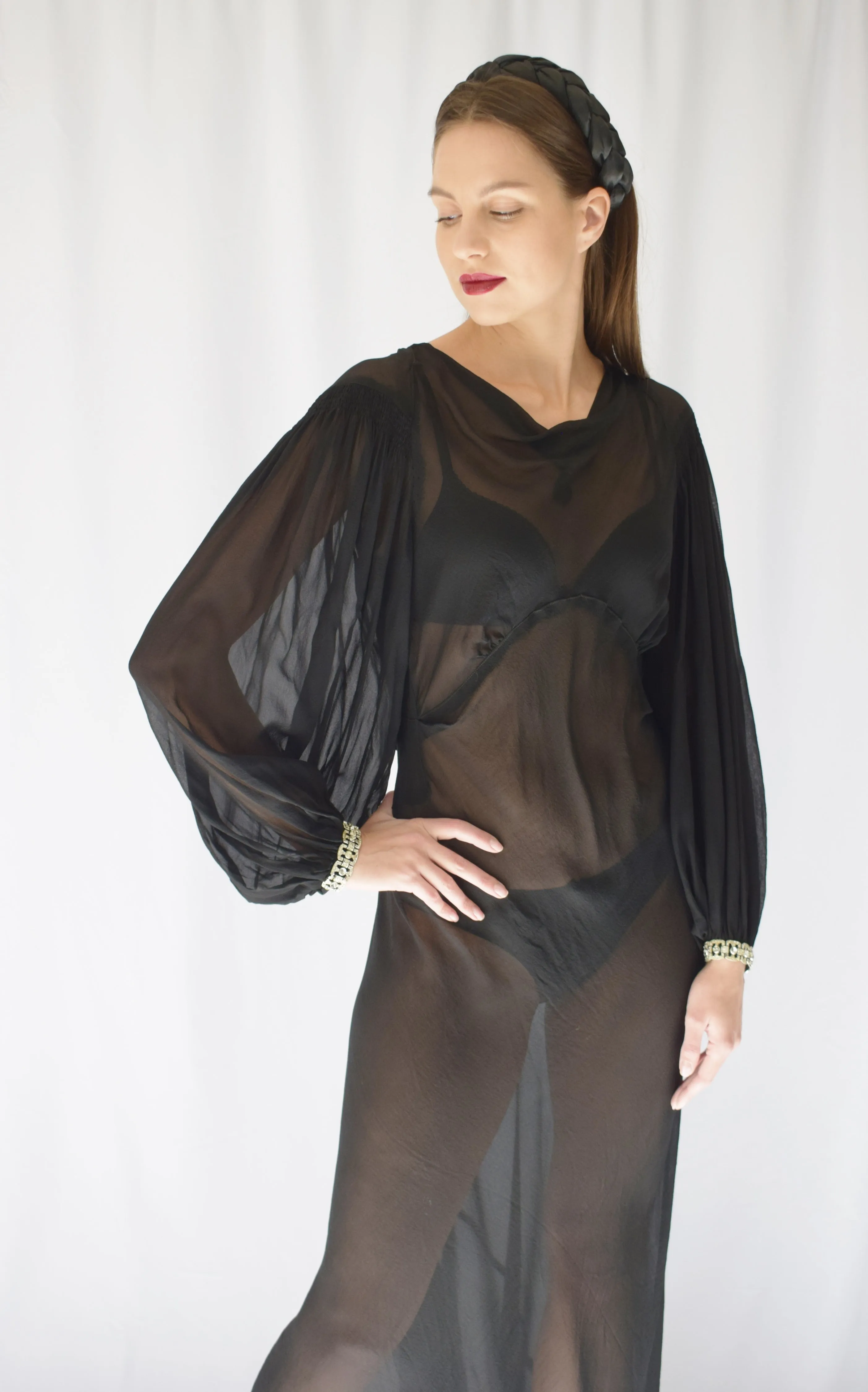 1930s Sheer Silk Gown with Balloon Sleeves | S/M