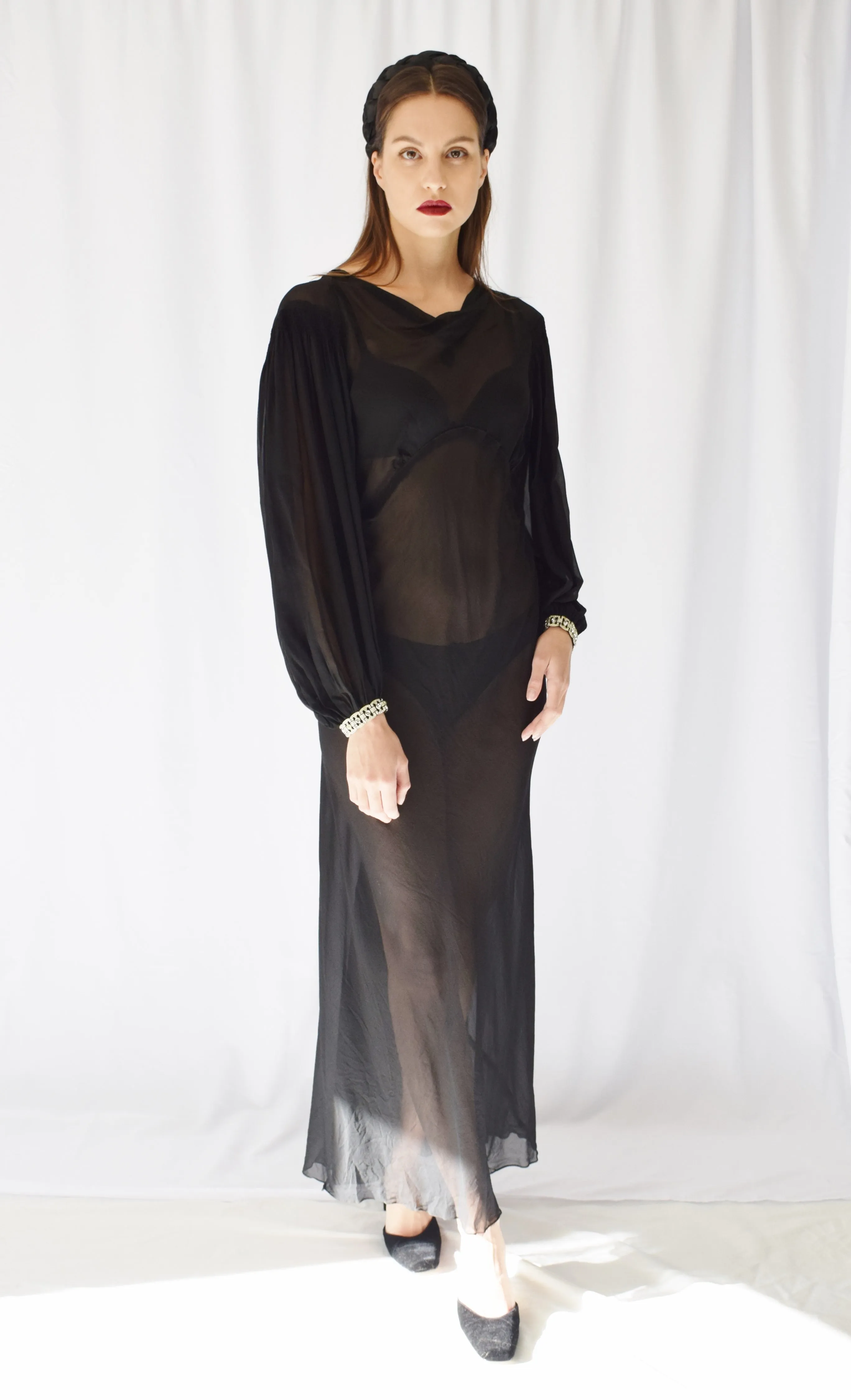 1930s Sheer Silk Gown with Balloon Sleeves | S/M