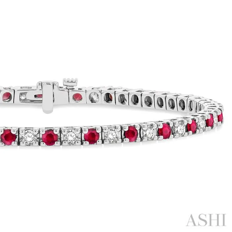 2.5 MM Ruby and 1 1/2 ctw Round Cut Diamond Square Box Link Precious Tennis Bracelet in 14K White Gold