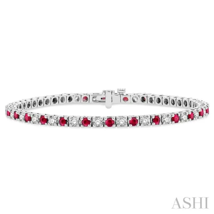 2.5 MM Ruby and 1 1/2 ctw Round Cut Diamond Square Box Link Precious Tennis Bracelet in 14K White Gold