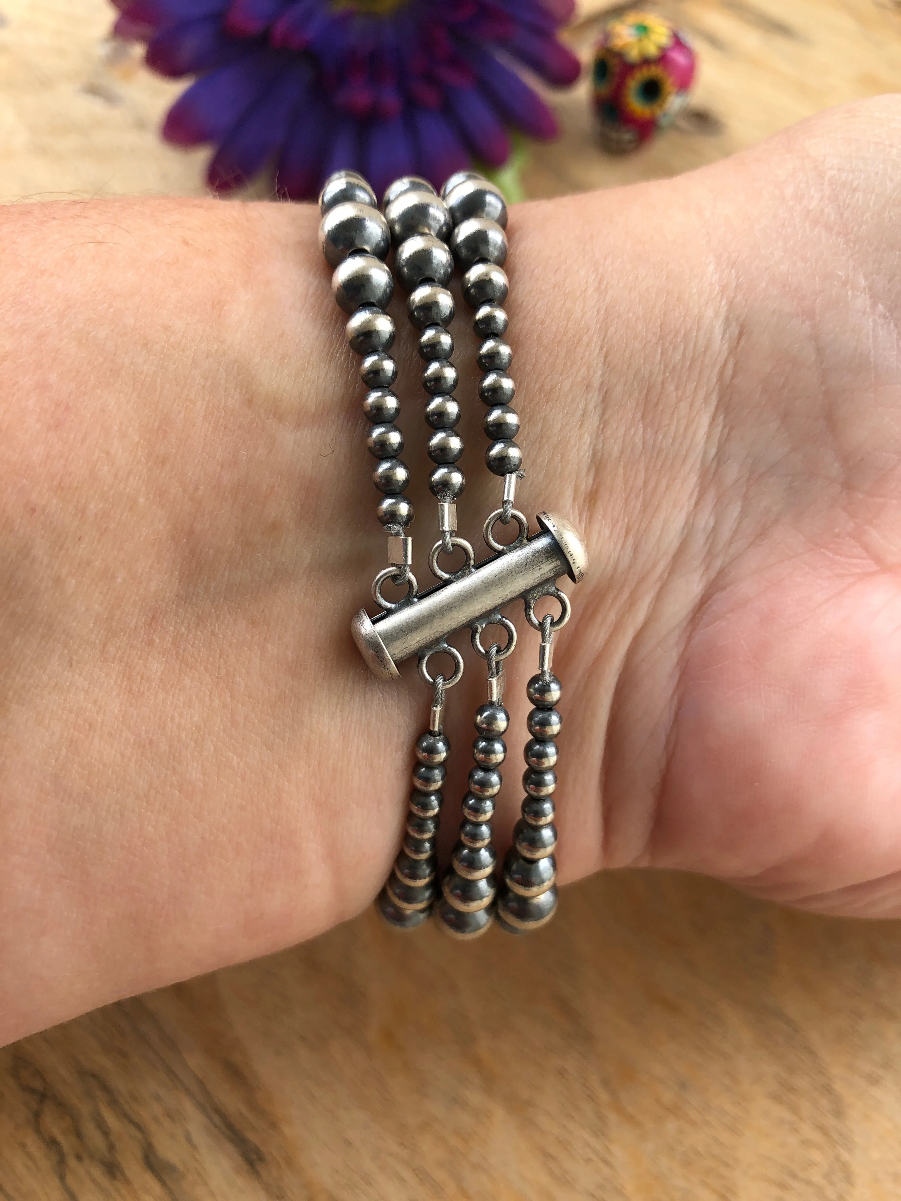 3 Strand Variated "Navajo Style" Sterling Pearl Bracelet