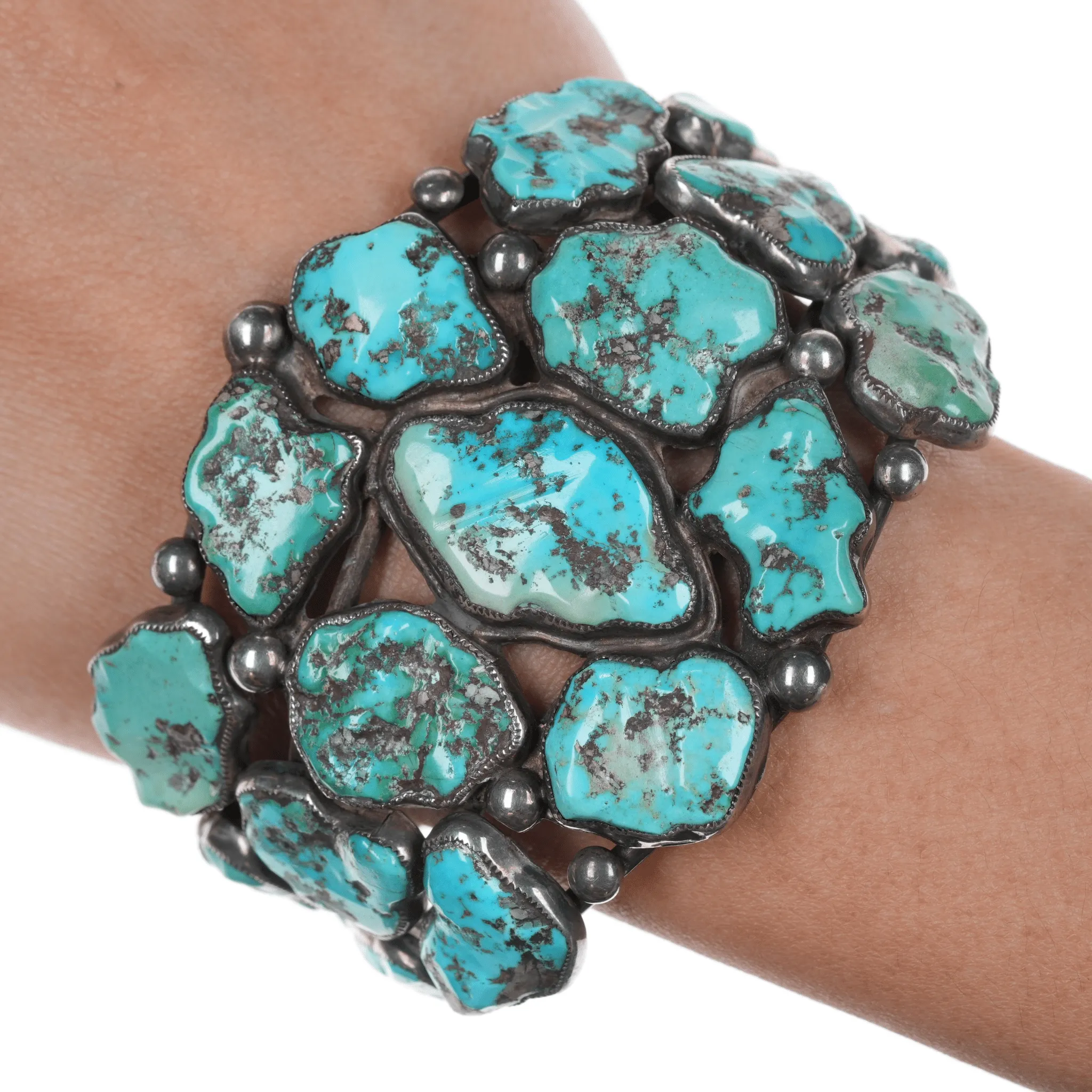6.625" Early Zuni Ingot silver carved turquoise cuff bracelet