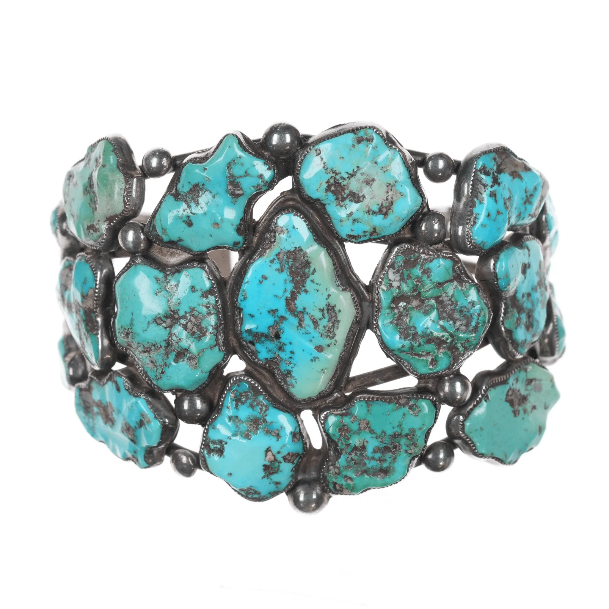 6.625" Early Zuni Ingot silver carved turquoise cuff bracelet