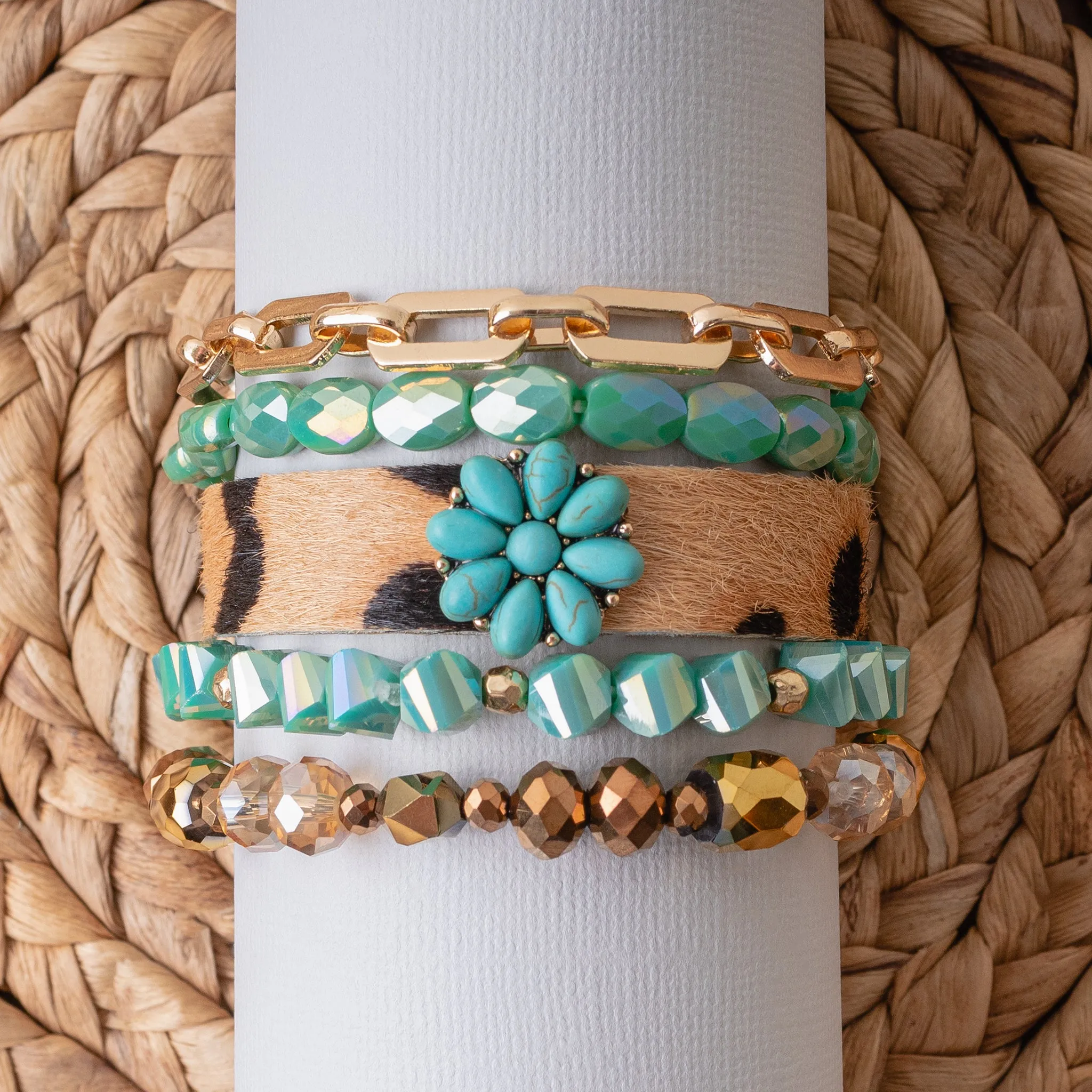 74736 - Leopard and Crystal Stacked Bracelets - Turquoise