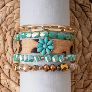 74736 - Leopard and Crystal Stacked Bracelets - Turquoise