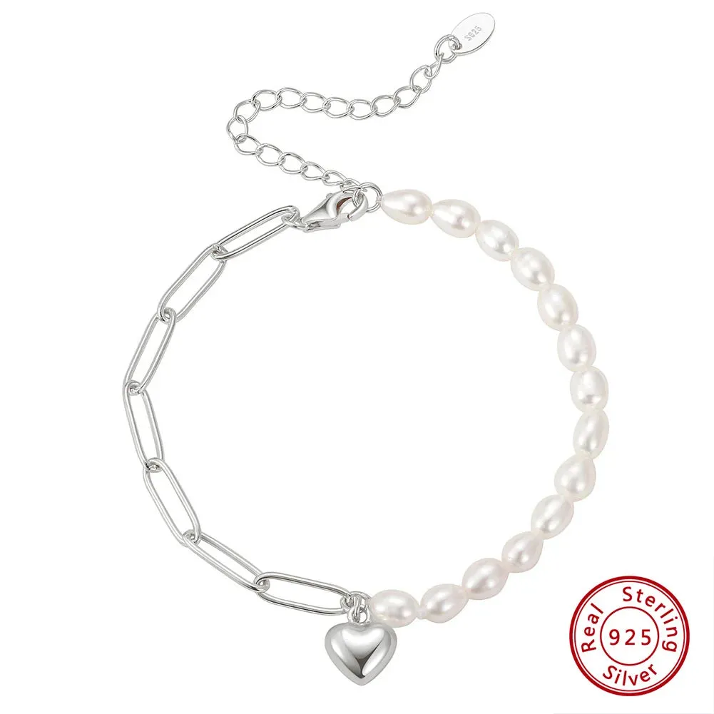 925 Sterling Silver Vintage Chunky Paperclip Link Pearl Chain Bracelet with Heart Women's