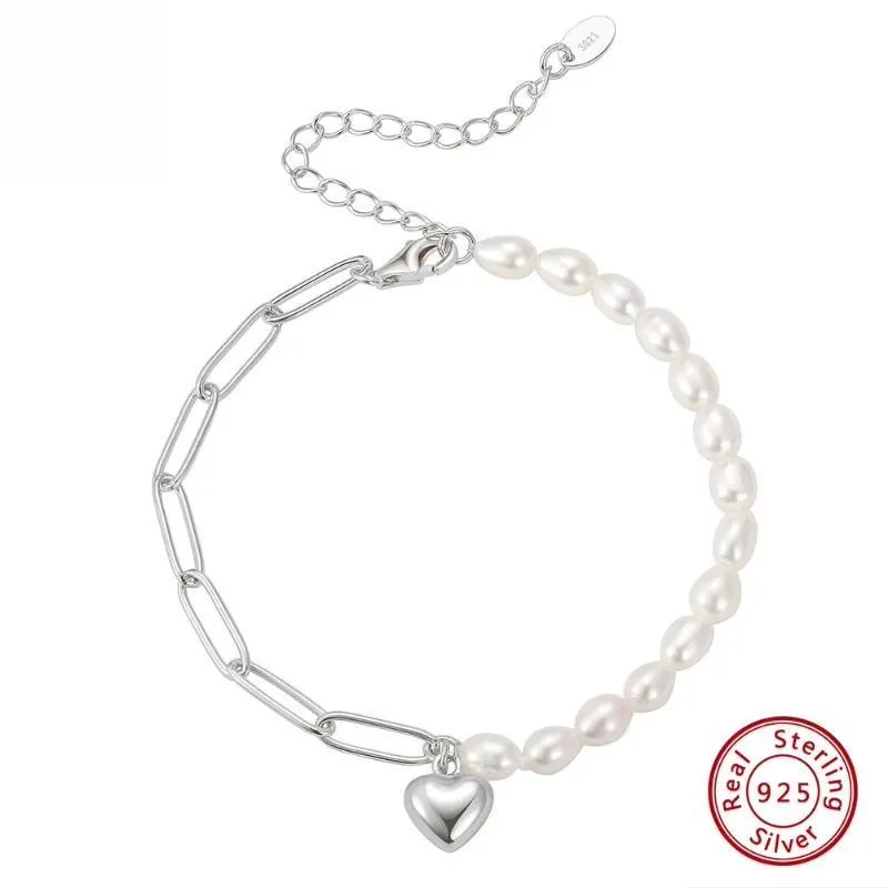 925 Sterling Silver Vintage Chunky Paperclip Link Pearl Chain Bracelet with Heart Women's