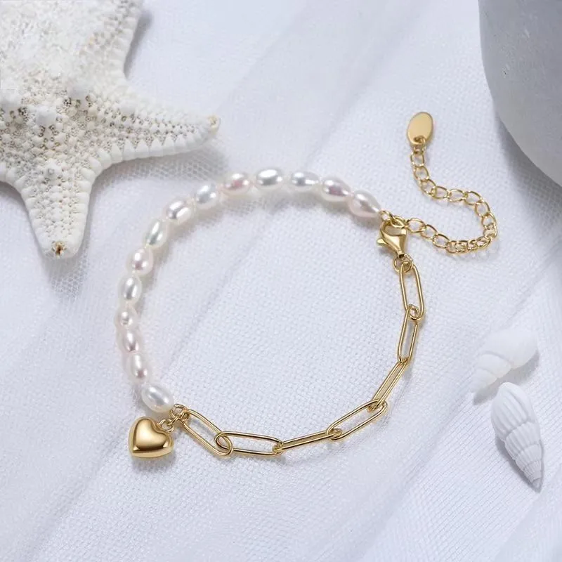 925 Sterling Silver Vintage Chunky Paperclip Link Pearl Chain Bracelet with Heart Women's