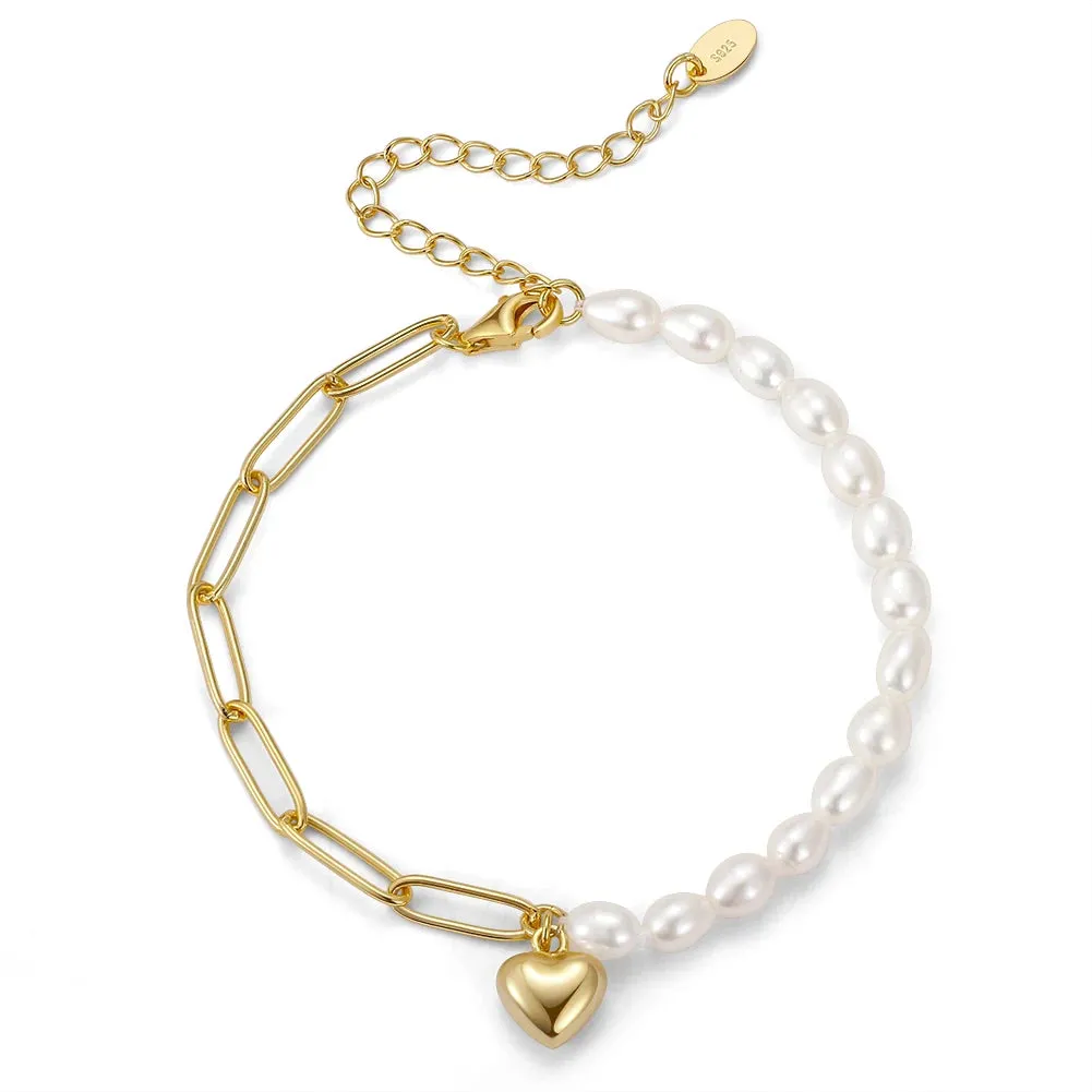 925 Sterling Silver Vintage Chunky Paperclip Link Pearl Chain Bracelet with Heart Women's