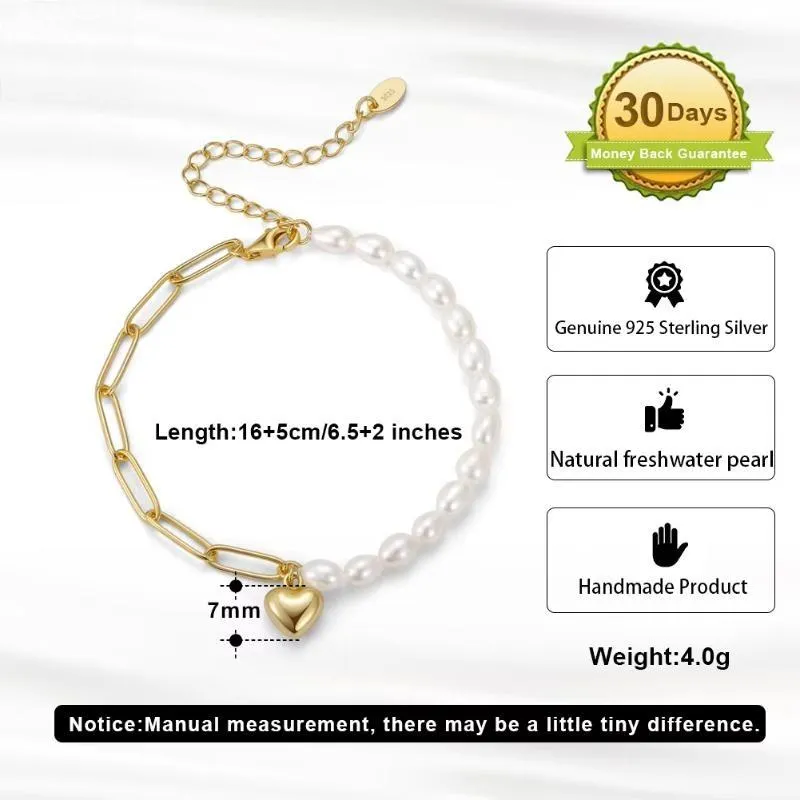 925 Sterling Silver Vintage Chunky Paperclip Link Pearl Chain Bracelet with Heart Women's