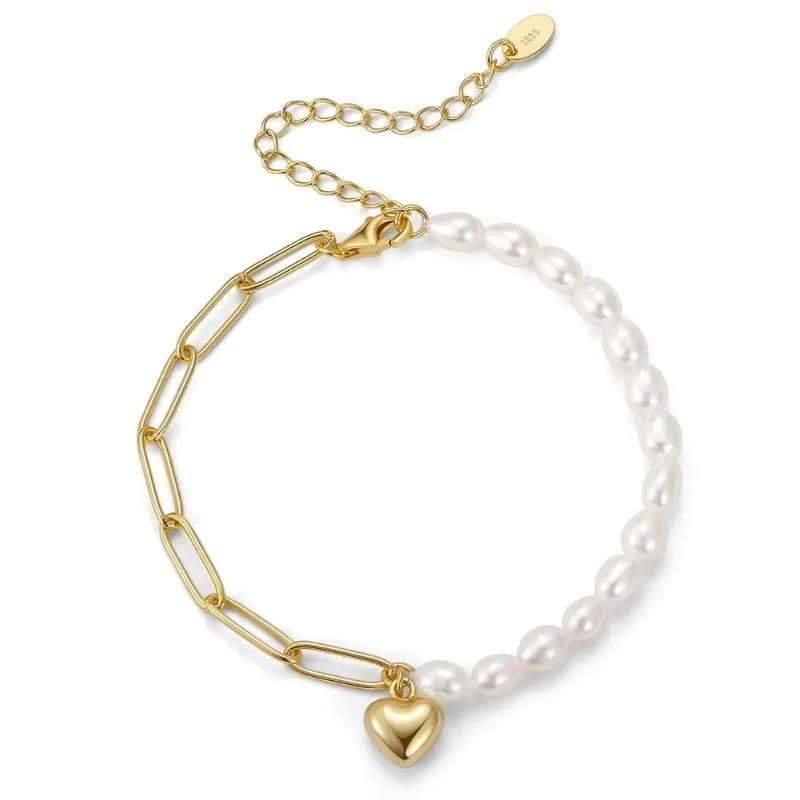 925 Sterling Silver Vintage Chunky Paperclip Link Pearl Chain Bracelet with Heart Women's