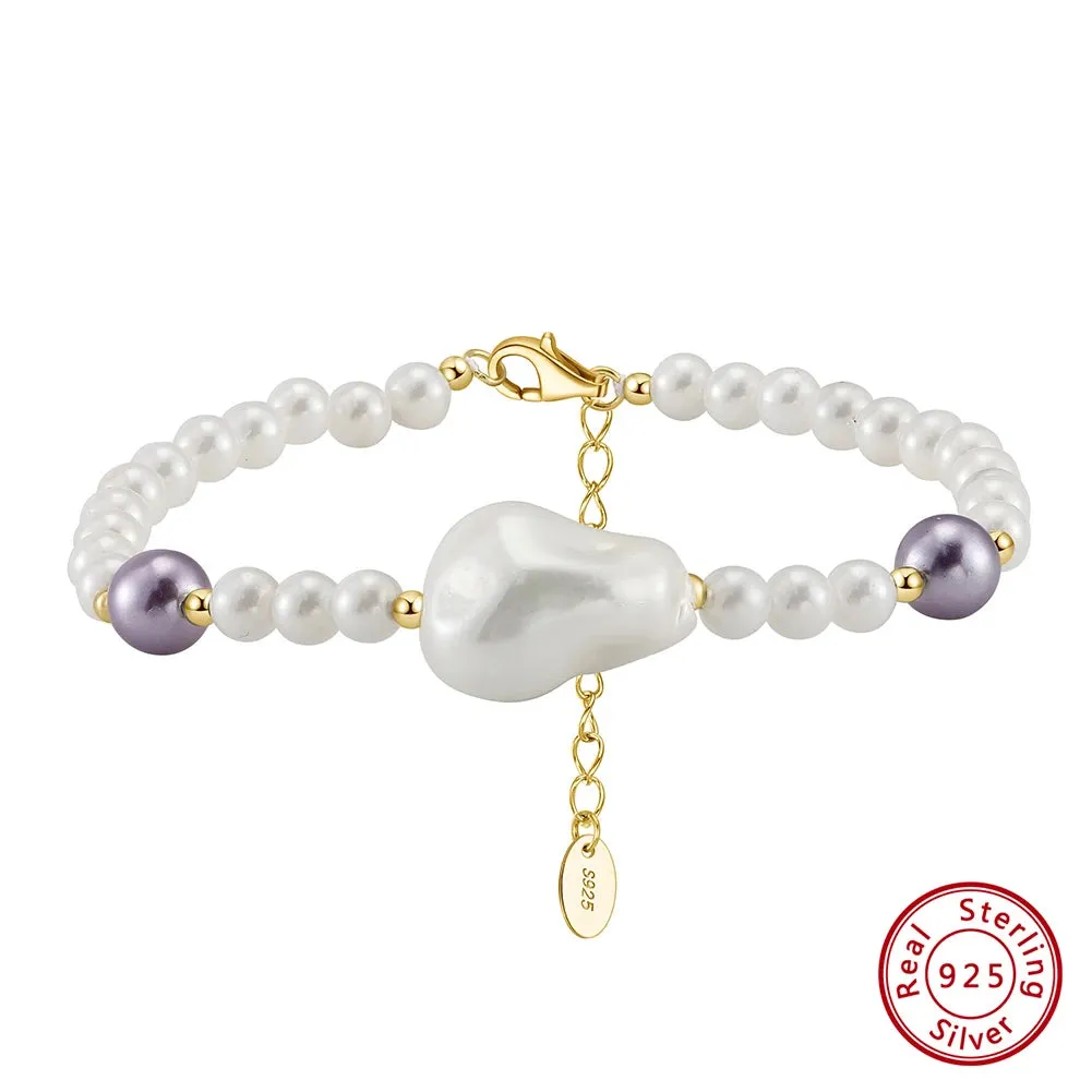 925 Sterling Silver Vintage Minimalist Irregular Pearl Chain Bracelet Charm Beads Bracelet