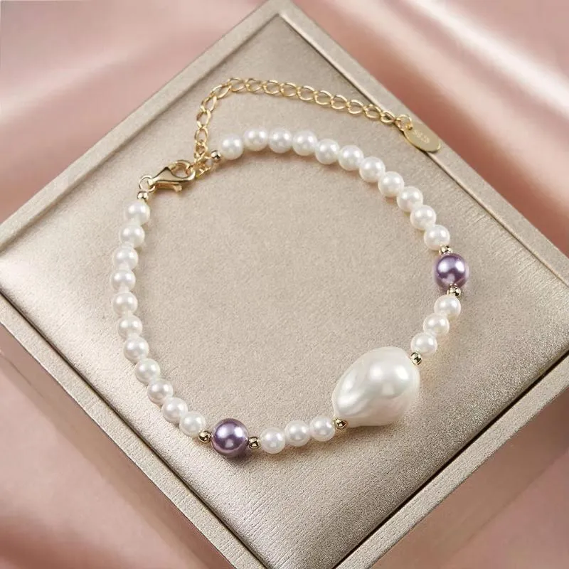 925 Sterling Silver Vintage Minimalist Irregular Pearl Chain Bracelet Charm Beads Bracelet