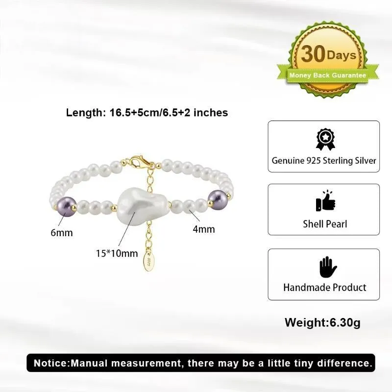 925 Sterling Silver Vintage Minimalist Irregular Pearl Chain Bracelet Charm Beads Bracelet