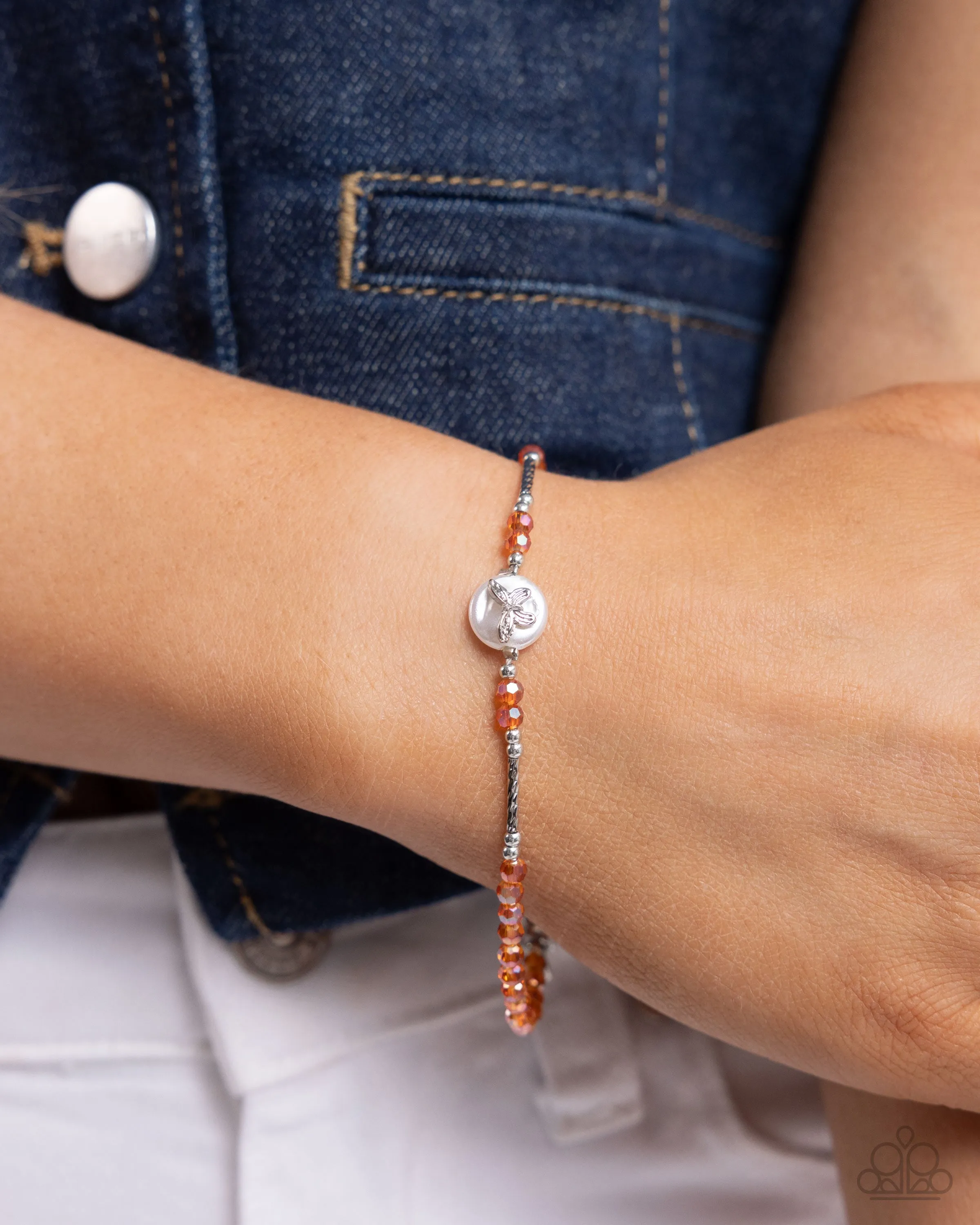 Aerial Actress - Orange - Faceted Bead Butterfly White Pearl Paparazzi Lobster Claw Bracelet