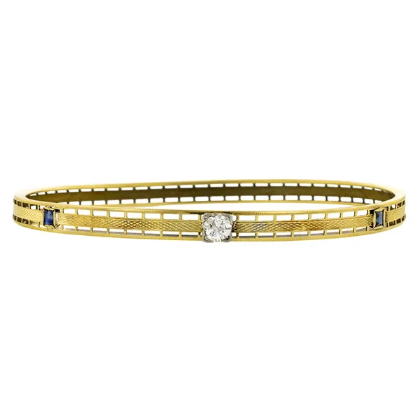 Art Deco Diamond & Sapphire Bangle Bracelet, Old Euro 0.35ct