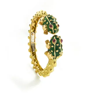 Baby Frog Bangle, Green Enamel, Ruby