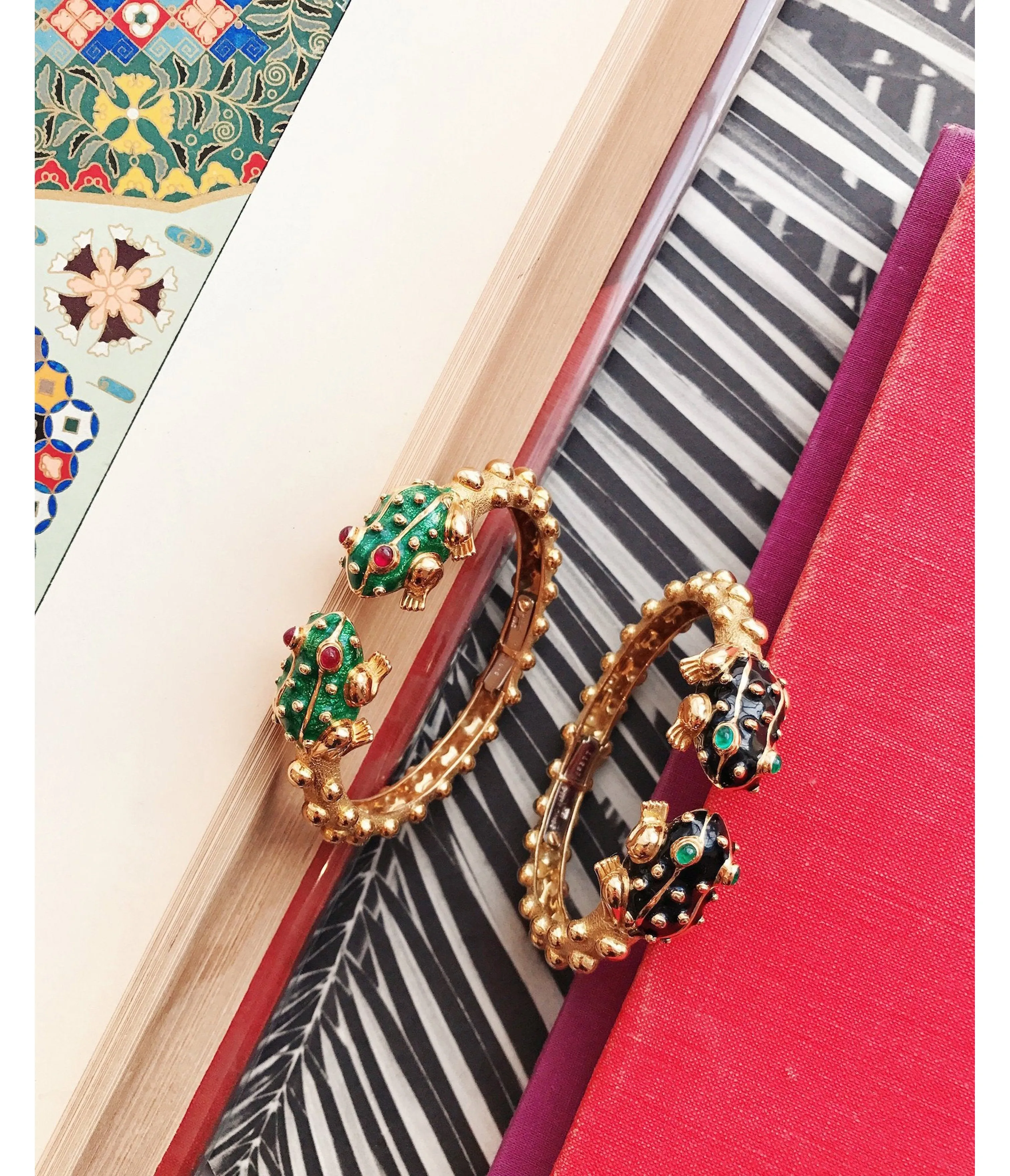 Baby Frog Bangle, Green Enamel, Ruby