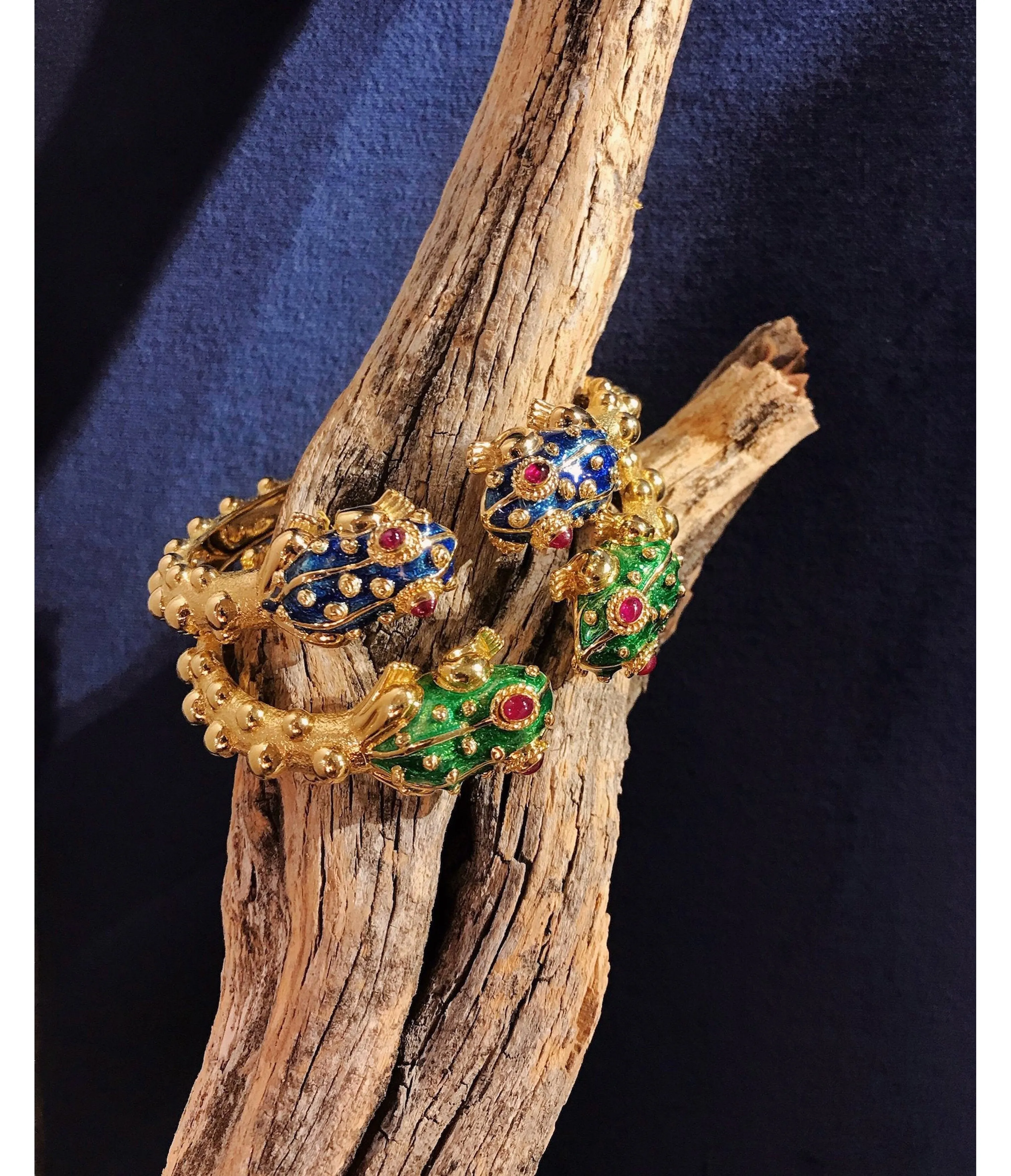 Baby Frog Bangle, Green Enamel, Ruby