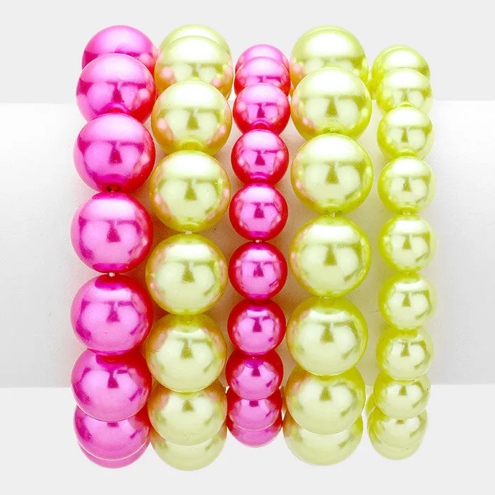Beautiful Pink & Green Stack Pearl Bracelets ( 5 SET)