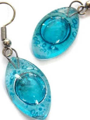 Blue Drop Earrings. Leaf Shaped Turquoise dangle earrings, Recycled Glass. Aqua earrings.