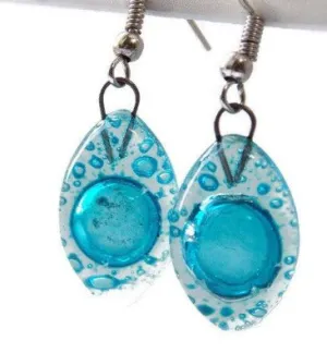 Blue Drop Earrings. Leaf Shaped Turquoise dangle earrings, Recycled Glass. Aqua earrings.