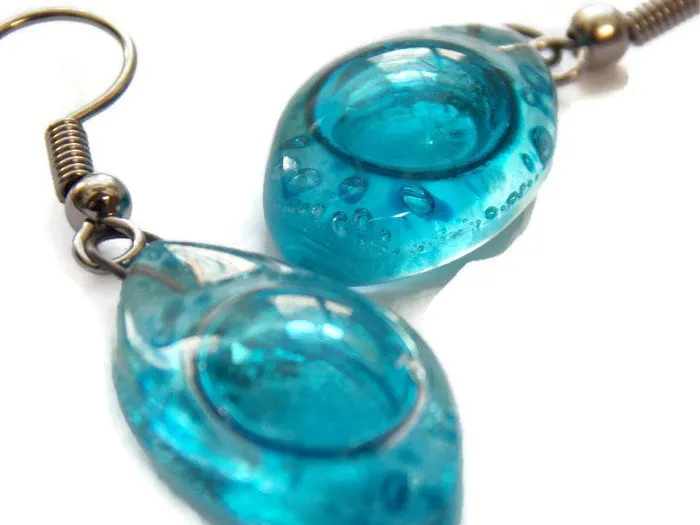Blue Drop Earrings. Leaf Shaped Turquoise dangle earrings, Recycled Glass. Aqua earrings.
