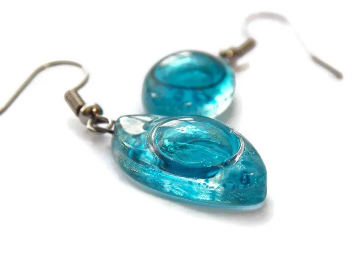 Blue Drop Earrings. Leaf Shaped Turquoise dangle earrings, Recycled Glass. Aqua earrings.