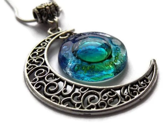 Blue moon, Green blue moon recycled glass long pendant. Handmade.